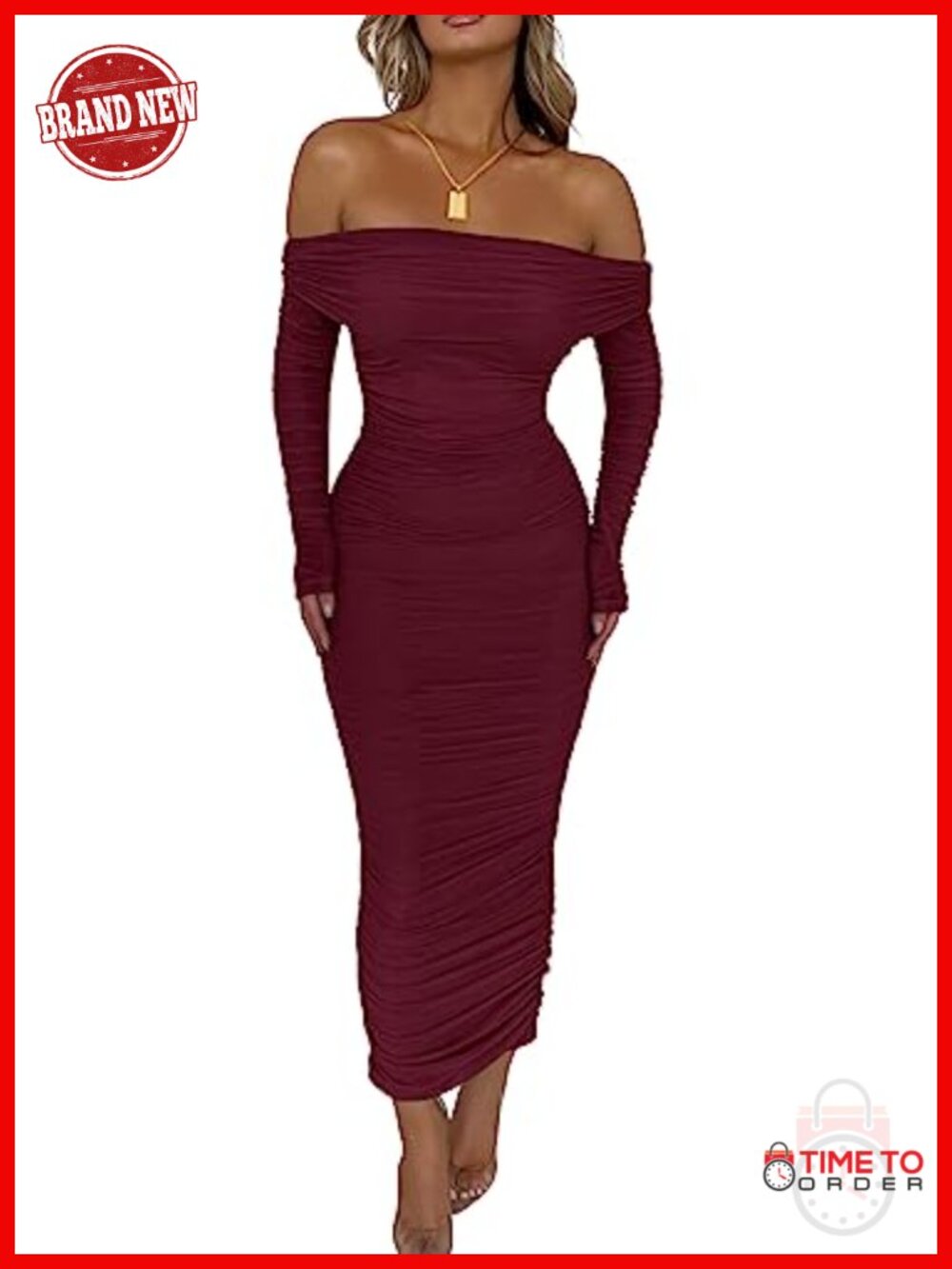 Off Shoulder Bodycon Maxi Dress Long Sleeve Ruched Slit Wedding Guest Party